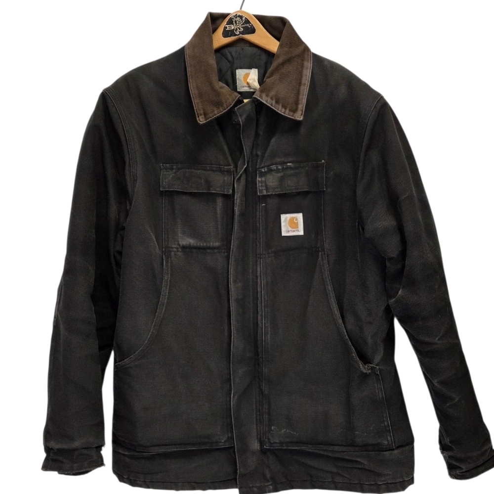 Vintage Carhartt Men's Black Thrashed Distressed Field Chore Jacket Coat L/XL